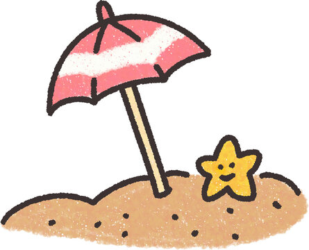 Cute beach umbrella on sand with a smiling starfish, hand drawn crayon style illustration