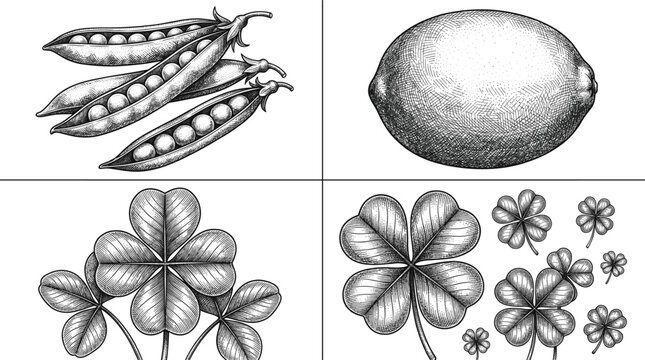 Vintage botanical vector illustration set featuring green pea pods whole lemon lime fruit and lucky four leaf clovers isolated on white background
