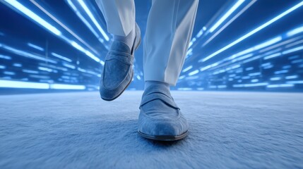 Fototapeta premium Close-up of person walking forward wearing blue shoes and light pants in futuristic tunnel