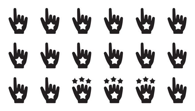 Hand pointer icons with stars and star ratings indicating selection and feedback.