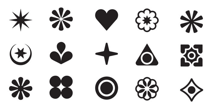 Assorted creative geometric abstract shapes and floral icons set on transparent template.