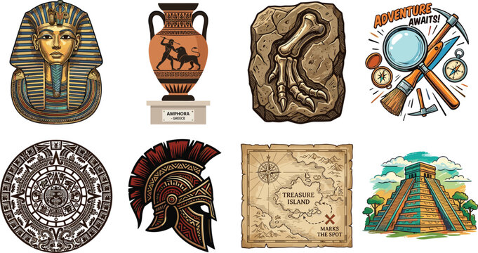 Archaeology and ancient history illustration collection featuring pharaoh mask, Greek amphora, dinosaur fossil, adventure tools, Aztec calendar, spartan helmet, and Mayan pyramid.
