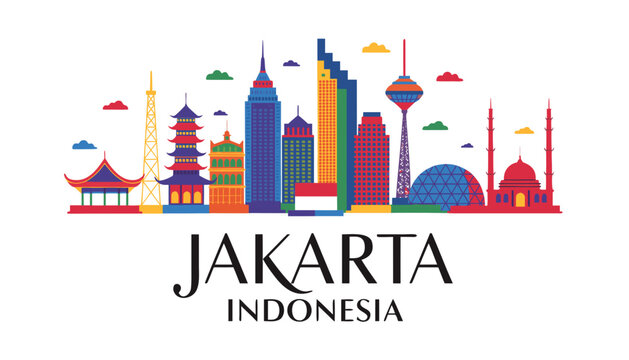 Vector illustration of Jakarta skyline in colorful silhouette, with &ldquo;JAKARTA&rdquo; text, on white background, modern city identity and tourism design