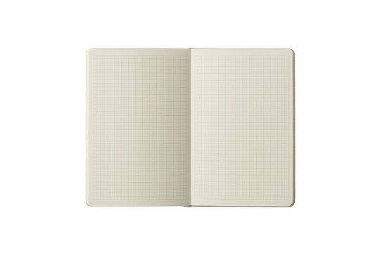 An open notebook with grid paper pages, lying flat on a black background, showing a clean layout for writing, sketching, or planning