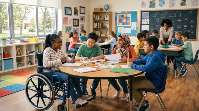 Diverse group of elementary school students learning together in a bright classroom with a teacher guiding them at the front