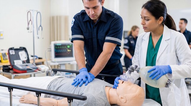 Emergency Medical Training Simulation: Healthcare professionals meticulously practice life-saving techniques on a training mannequin in a simulated emergency room setting.
