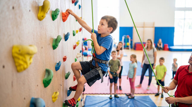 Young Climber Reaches New Heights: A determined young boy, secured by a safety harness and rope, ascends a colorful indoor climbing wall, while other children and adults observe from below.