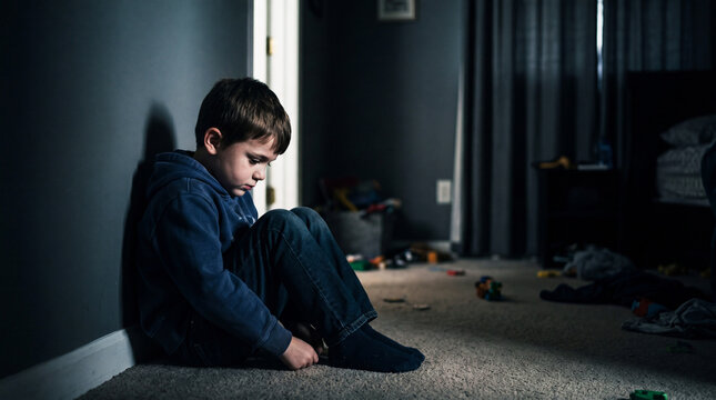 Lonely Child in Shadow: A young boy sits alone in a dimly lit room, his head bowed in a pose of quiet sadness and isolation. The scene evokes feelings of loneliness and introspection.