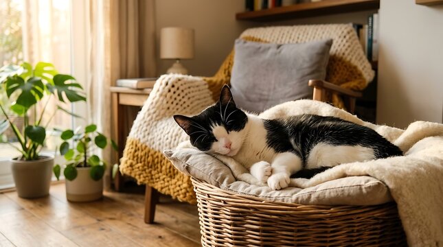 Black and white cat on sofa.