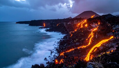 Fototapeta premium Lava Flowing into Ocean. (1)