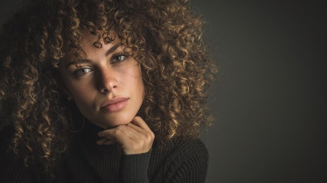Close-up portrait of a young woman with curly hair and a pensive expression against a dark background