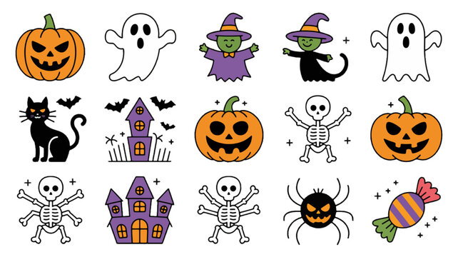 Halloween Icons Collection: A whimsical compilation of classic Halloween motifs including grinning pumpkins, playful ghosts, spooky haunted houses, black cats, dancing skeletons, and a creepy spider.