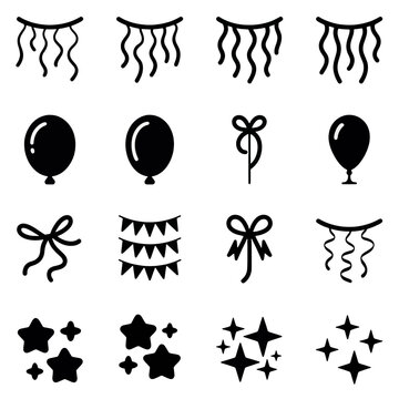 Party Icons: A collection of graphic icons representing party decorations and symbols, including garlands, balloons, bows, and stars, all in a clean, minimalist style.