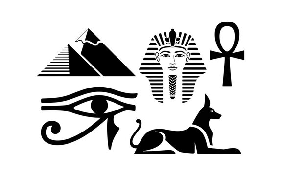 Ancient Egyptian Symbols: A collection of iconic black and white Egyptian symbols including a pyramid, pharaoh's head, ankh, Eye of Horus, and a jackal god, representing history and mystery.