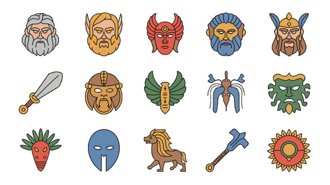 Ancient Gods and Artifacts: A collection of stylized icons representing deities and mythical objects, evoking a sense of ancient power and folklore.