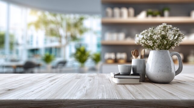 Modern Minimalist Kitchen Table Setting with Coffee Mug and Flowers
