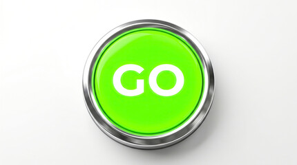 Obraz premium Close-up of a bright green GO button with a metallic rim on a white background