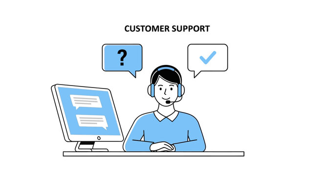 Illustration of a customer support representative working at a desk with computer and headset
