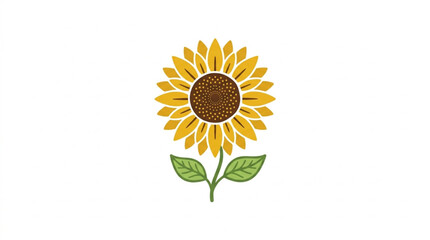 Fototapeta premium A single, stylized sunflower with bright yellow petals and green leaves is depicted against a clean, stark white background, offering a cheerful and simple graphic element