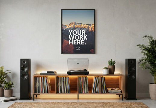 Vertical Poster Frame Mockup hanging in room with turntable and speakers