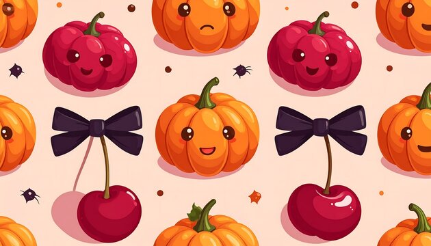 Cute cartoon seamless pattern of pumpkins, cherries, and bows, set on a beige background with tiny dot accents