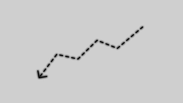 dotted line down arrow animation on black background. Downward arrow line animation with dotted line, downward arrow chart, economic crisis. economic cost concept.