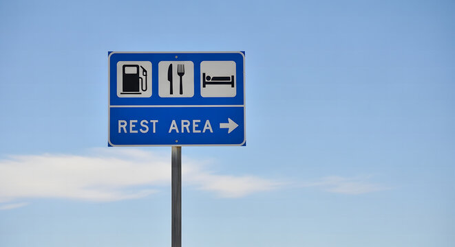 Blue highway rest area road sign with gas, food, and lodging icons against a clear blue sky
