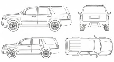 Fototapeta premium SUV Car Technical Blueprint Outline Vector Illustration with Side, Rear, and Top Views for Design and Engineering