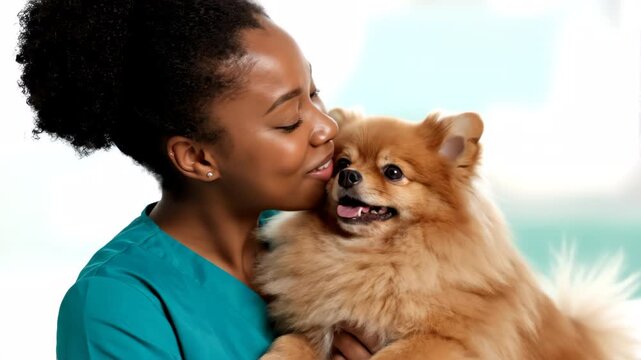A young Black woman smiles while affectionately nuzzling a fluffy Pomeranian dog