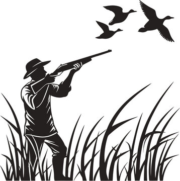 A silhouette image of a hunter and ducks in flight against a stark white background. The central figure, a hunter, is seen in profile, aiming a long-barreled shotgun upwards towards a group of three f