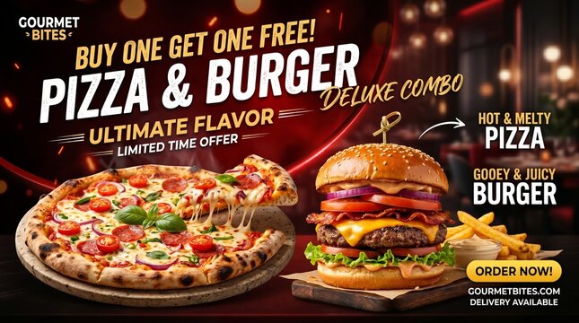 Buy one get one free pizza and burger promotion with fresh toppings on dark background