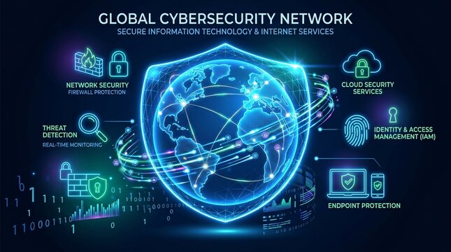 A futuristic illustration of a global cybersecurity network with various security icons