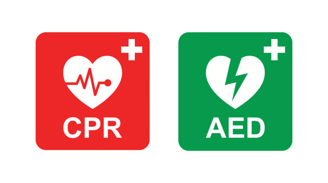 CPR and AED safety icons on red and green squares featuring heart symbols and medical plus signs