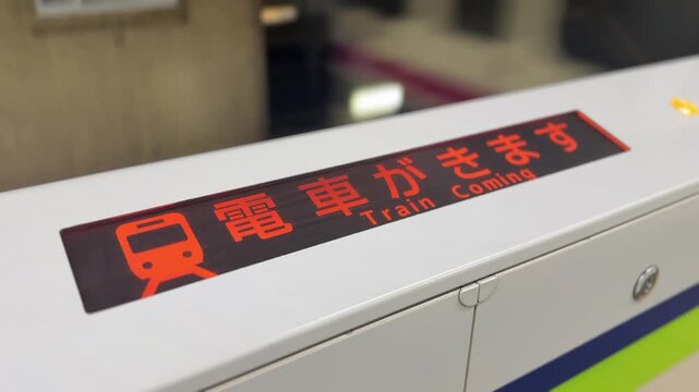 Close-up view of an illuminated train coming warning sign on a protective platform barrier at a Tokyo subway station in Japan. 15169  