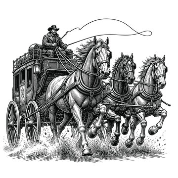 Vintage illustration of a stagecoach pulled by three galloping horses driven by a cowboy.