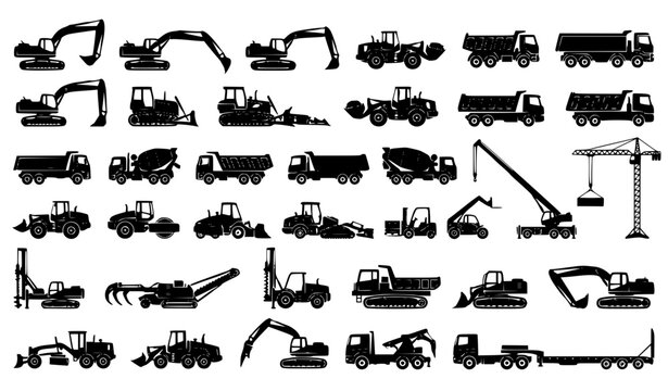 Complete Industrial Construction Vehicles and Heavy Machinery Fleet Icon Collection Featuring Excavators, Bulldozers, Concrete Mixers, Mobile Cranes, Dump Trucks, and Road Rollers Solid Silhouettes