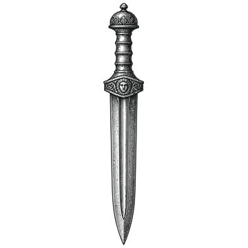 Vintage illustration of an ancient Roman gladius sword with ornate handle.