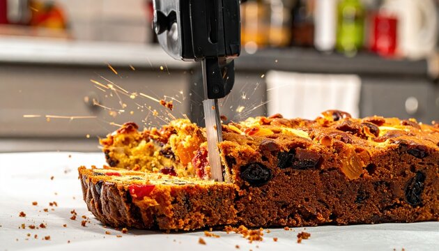 Close-up of a knife precisely cutting into a dense, rich fruitcake, revealing its moist texture and festive ingredients.