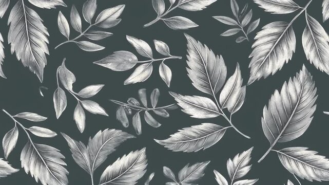 Hand drawn seamless pattern of botanical leaves in grayscale.