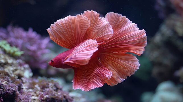 A beautiful orange Betta fish with flowing fins swimming gracefully in an aquarium, showcasing its vibrant colors and delicate texture.