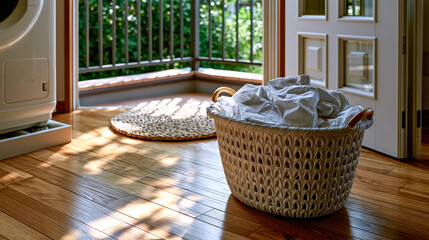Obraz premium Sunlit laundry basket on wooden floor near open door