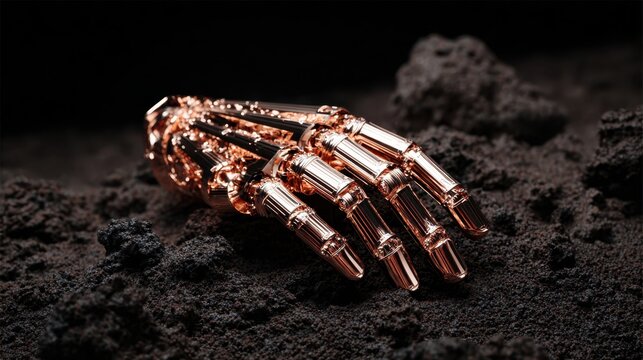 A holographic articulated gorilla hand with metallic fingers resting on a dark, textured surface, representing futuristic technology.