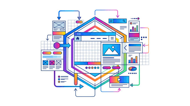 Abstract UI/UX Design Process, Wireframe, Prototyping, Workflow