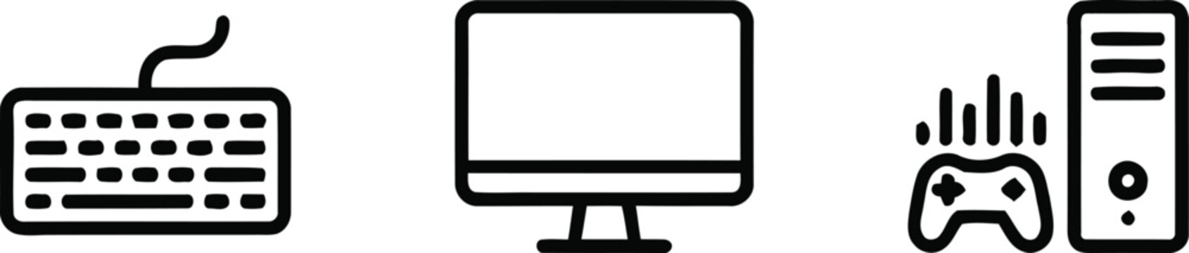 Black and white computer gaming setup icons