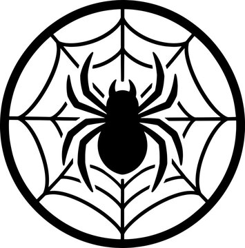 Black spider silhouette on web inside circular frame for halloween decoration