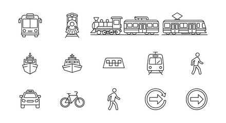 Collection of various transportation and pedestrian line icons. © Ikhsan