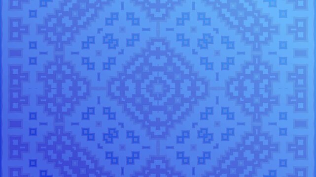 Blue geometric ornamental pattern featuring symmetrical ethnic mosaic motifs and soft gradient tones. Seamless decorative background with repeating shapes and intricate visual rhythm.