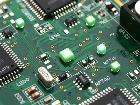 Close-up view of electronic circuit board with components and green pcb