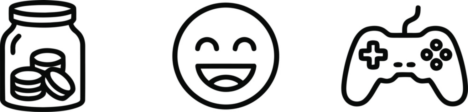 Black line icons of jar with coins, smiling face, and video game controller