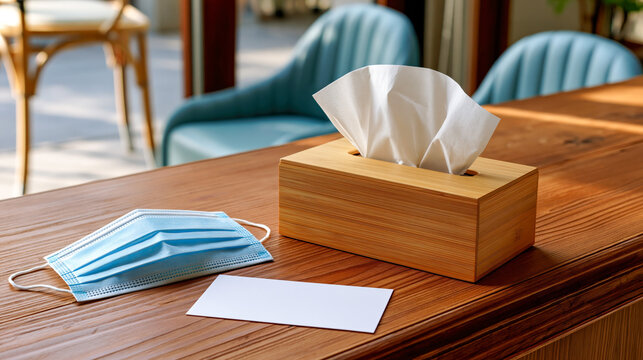 Outdoor cafe table with tissue box and face mask